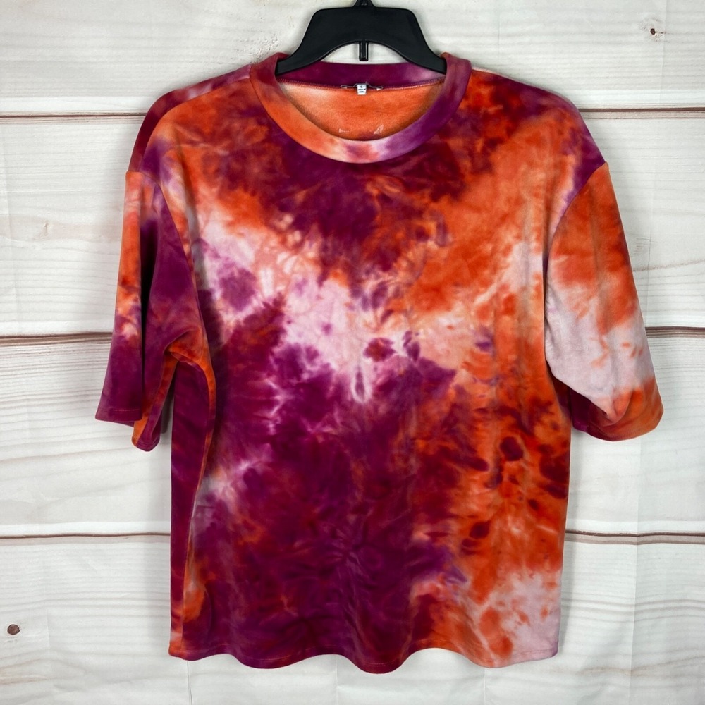 Fashion Nova Top Womens L Pink Orange Tie Dye Fleece Crew Neck Short Sleeve
